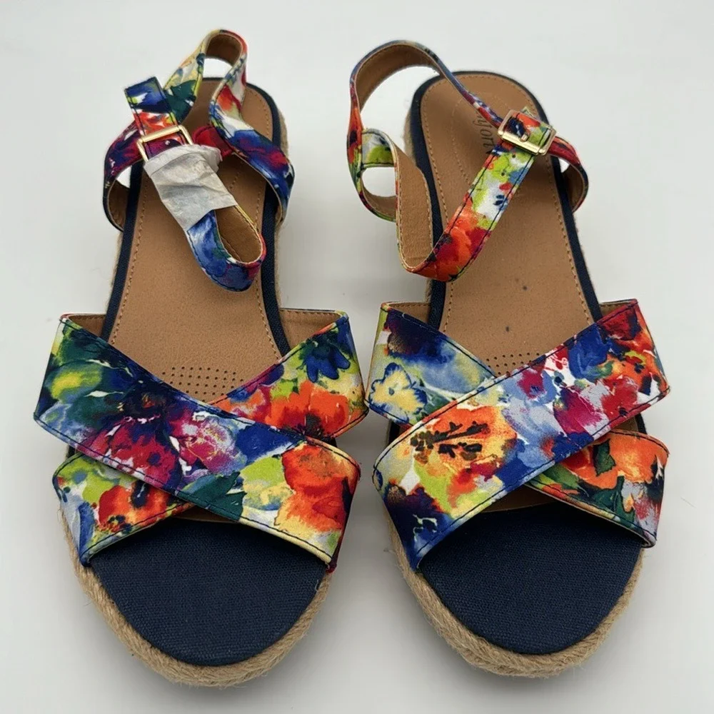 Comfortview Women's 8W Multicolor Floral Blue Tan Wedge‎ Sandals Shoes